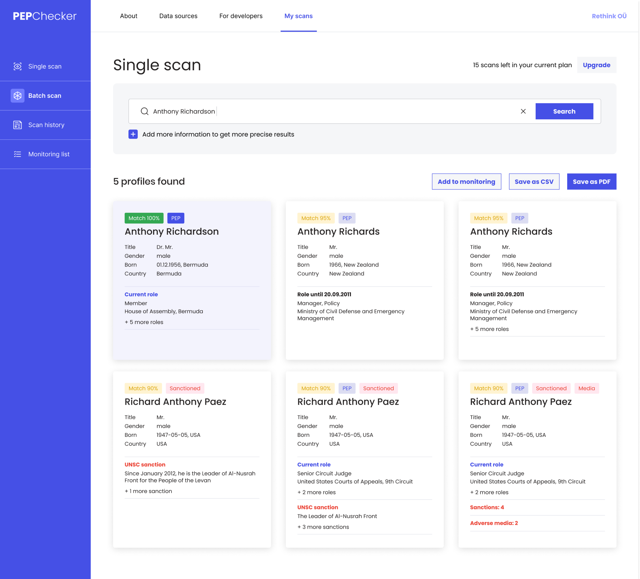 Two screenshots of PepChecker's dashboard showing file scan result list.